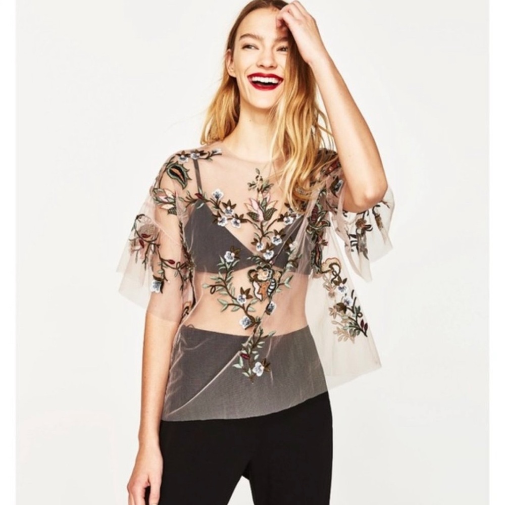 Zara Mesh Floral Blouse- size xs- NWOT